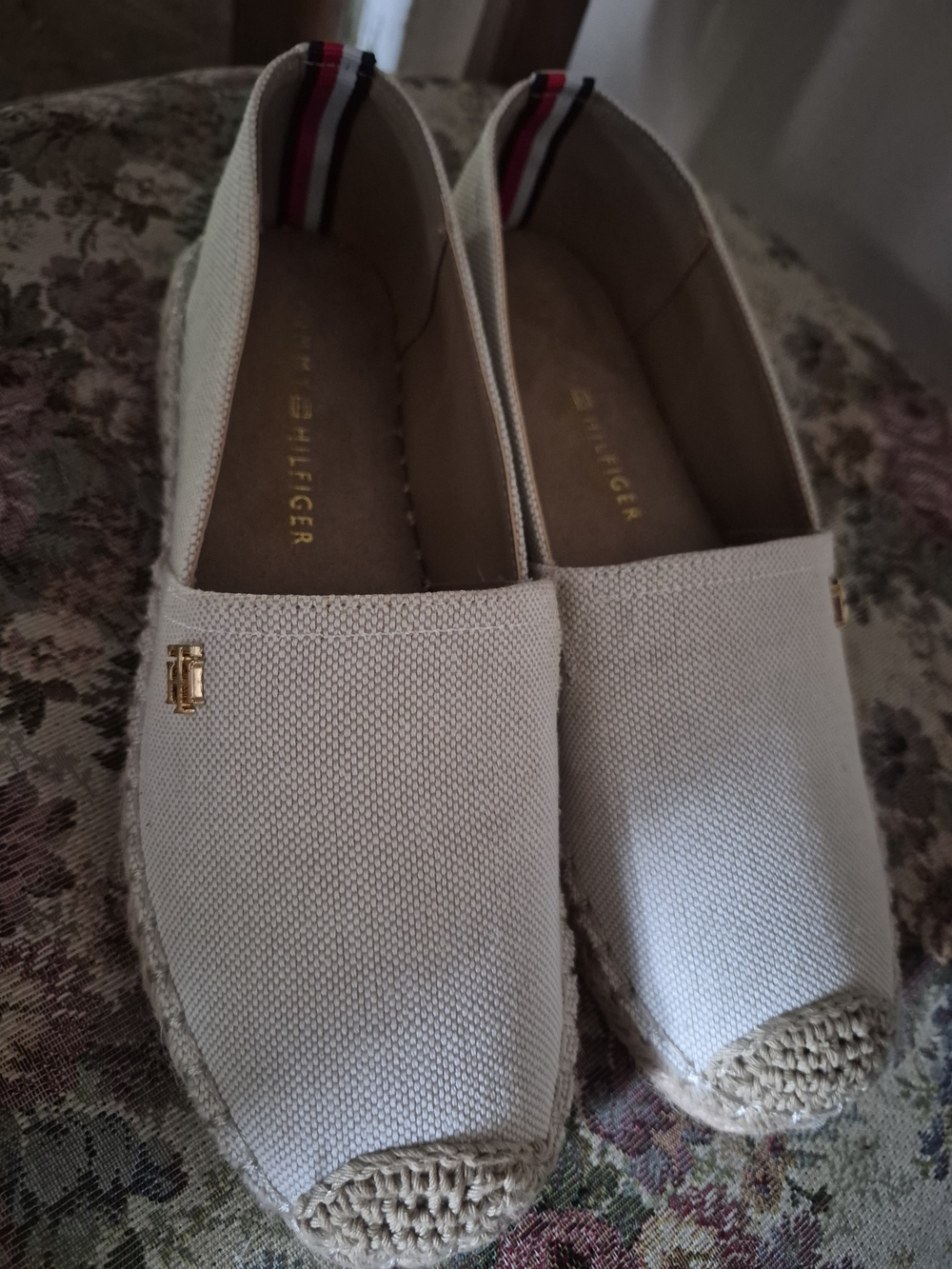 Tommy Hilfiger Cream Canvas Espadrilles with Navy & Red Stripe Heel Tab